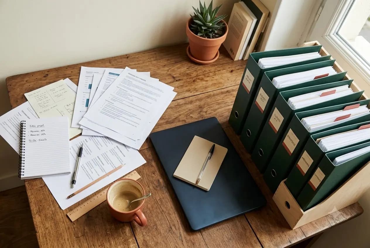 Documents de travail et classeurs verts organisés sur un bureau