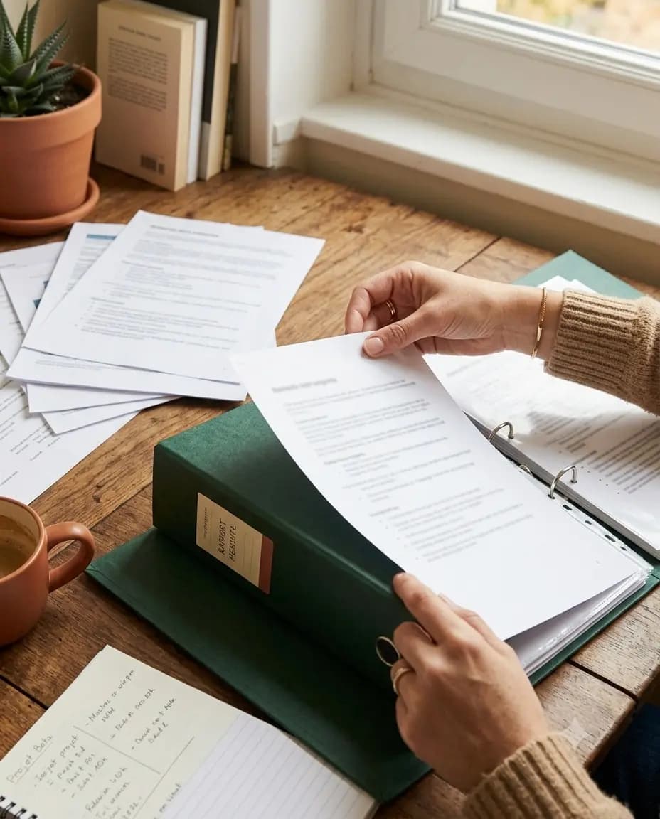 Une personne range un document dans un classeur vert