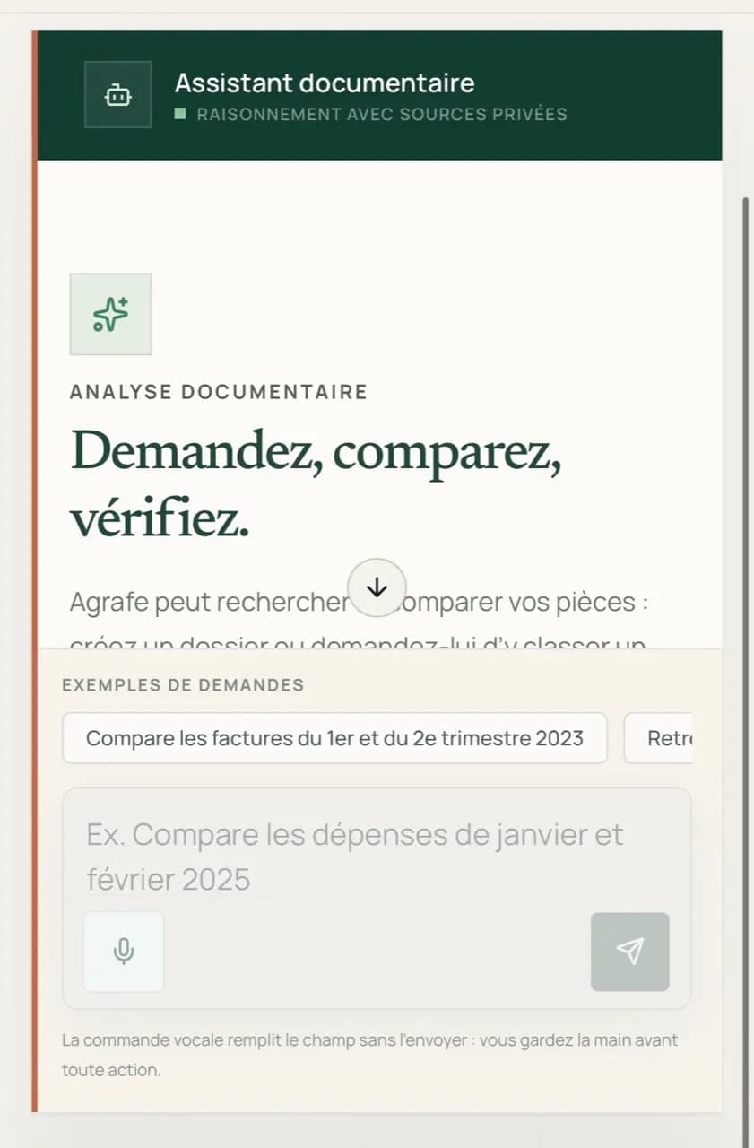 Écran de l’assistant documentaire Agrafe avec raisonnement relié aux sources privées