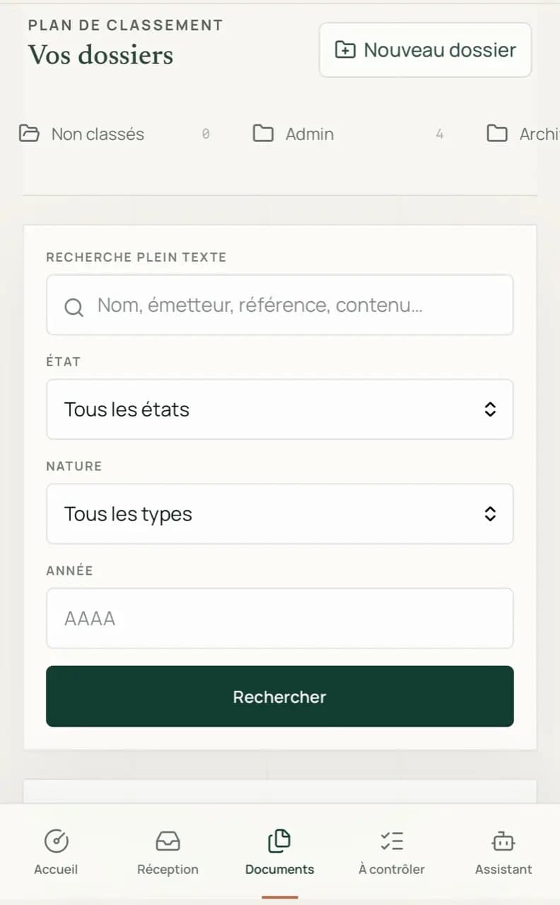 Écran Agrafe de recherche plein texte et de navigation dans les dossiers